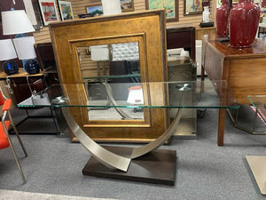 Modern Console Table with Dual Curved Silver Metal Base and Glass Top