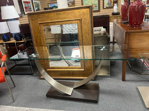 Modern Console Table with Dual Curved Silver Metal Base and Glass Top