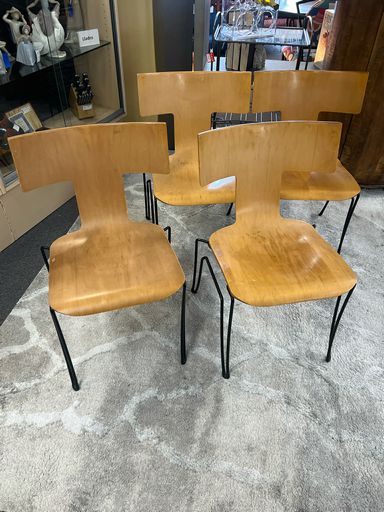 Donghia Modern Dining Chairs w/ Natural Wood and Black Metal Legs