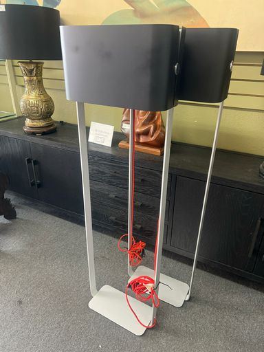 George Kovacs Mid-Century Modern Floor Lamps w/ Black Shade and Silver Base