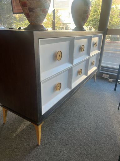 Mid-Century Modern 6-Drawer Black, Gold & White Bedroom Dresser