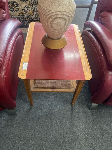 Mid-Century Modern End Table with Woven Storage Shelf