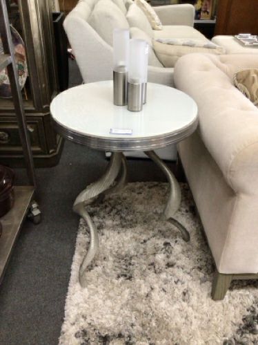 Modern End Table with Curved Silver Ram Horse Metal Base and White Glass Top