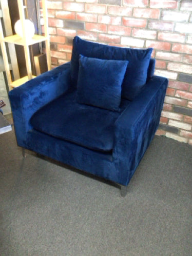 Modern Plush Blue Velvet Chair with Silver Feet