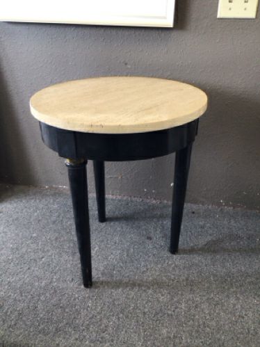 Modern Round End Table w/ a Round Travertine Top and Black Wood Base