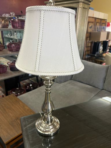 Modern Table Lamp w/ Chrome Base & White Shade w/ Blue Pin Stripe