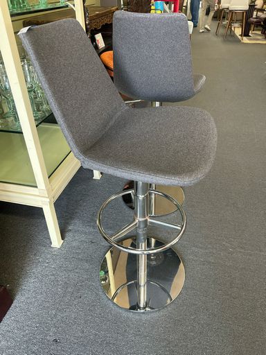 Pair of Bar Stools with Gray Fabric and Chrome Base