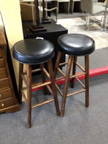 Pair of Mid-Century Modern Bar Stools w/ Black Seat and Wood Base