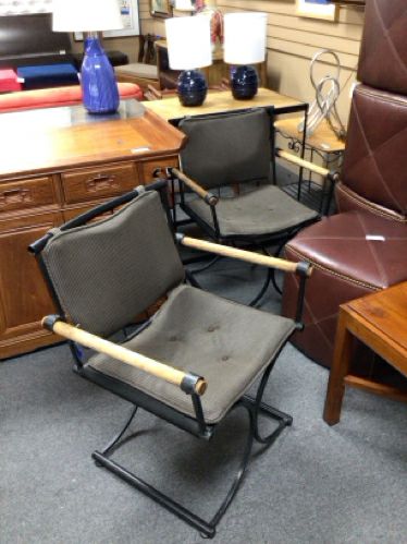 Pair of Mid-Century Modern Chairs w/ Wood Armrest and Metal Base