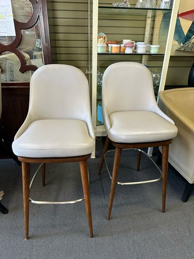 Pair of Swivel Interlude Home Bar Stools in Gray Leatherw/ Brown Wood Legs