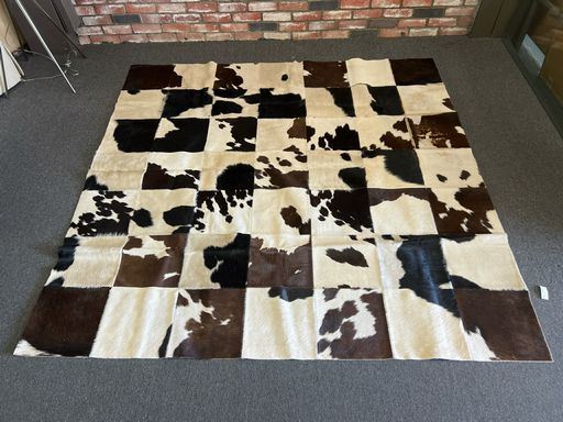 Rustic Looking Cow Hide Rug in White, Black & Brown Squares
