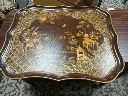 Traditional Chinoisserie Tray w/ Scalloped Edge in Brown & Gold