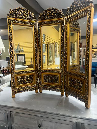Tri Fold Adjustable Mirror in a Gold Ornate Frame